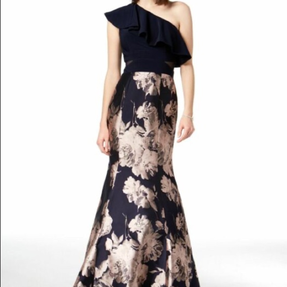 Xscape blue floral one shoulder mermaid gown